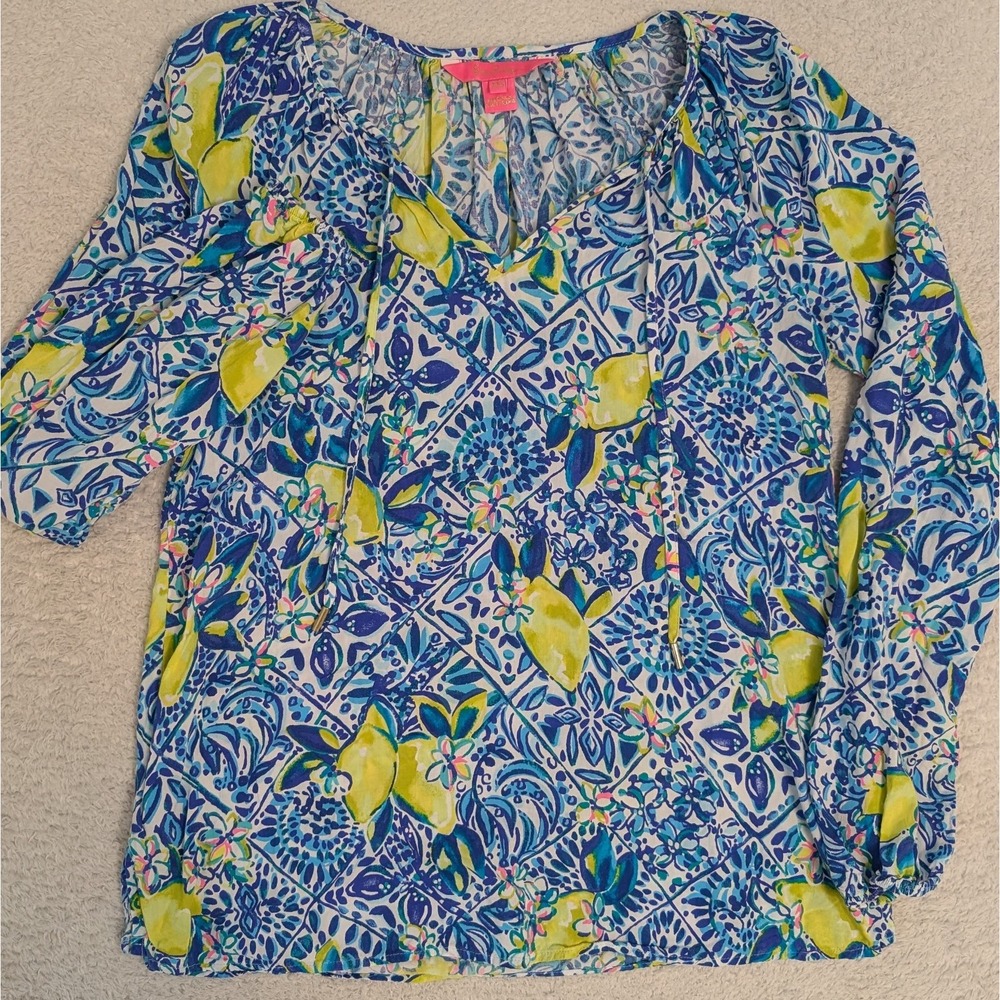 Lilly Pulitzer Willa Top Zest For Life Resort  Lemon Print Women's XXS (01017C)‎